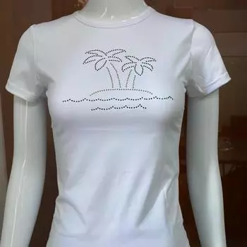 Европейский и американский летний пуловер с круглым вырезом Hot Diamond, облегающий низ, топ с короткими рукавами для женщин S белый