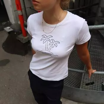 Европейский и американский летний пуловер с круглым вырезом Hot Diamond, облегающий низ, топ с короткими рукавами для женщин S белый