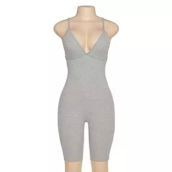 Европейский и американский летний женский сексуальный короткий спортивный комбинезон на бретельках с открытой спиной S серый