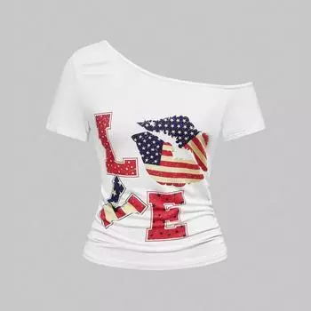 Европейский и американский летний женский топ Y2K с буквенным принтом и сексуальным дизайном на одно плечо S