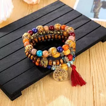 Европейский и американский многослойный браслет с бахромой из деревянных бусин в стиле ретро, эластичный браслет «Древо жизни», креативный браслет белый
