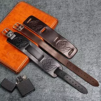 Европейский и американский модный браслет. Браслет с тиснением волка. Кожаный браслет в стиле панк-рок. чёрный