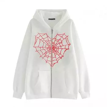 Европейский и американский модный бренд Spider Web Ins Explosive Printed Zipper Hooded Cardigan Trendy Men s Y2K Casual Universal Long-shirt S белый