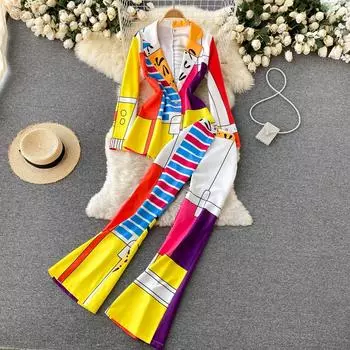 Европейский и американский модный костюм Ins, осенне-зимний новый костюм в стиле ретро с принтом, куртка с высокой талией, расклешенные брюки, комплект из двух предметов