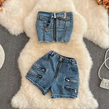 Европейский и американский модный костюм, женский бюстгальтер Sense, тонкий короткий топ, комплект из двух предметов, широкие шорты на молнии с высокой талией