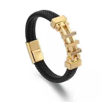 Европейский и американский модный креативный кожаный браслет, инкрустированный бриллиантами, черный кожаный браслет из титановой стали в стиле ретро