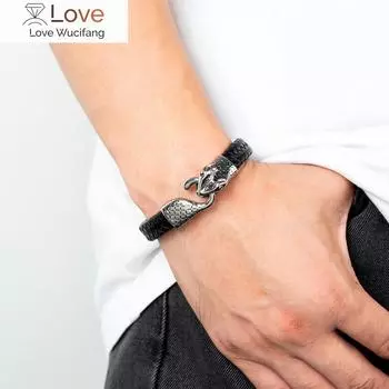 Европейский и американский модный панк-стиль с головой змеи и головой волка, мужской браслет из нержавеющей стали, кожаный шнур, браслет, ювелирные изделия 21cm