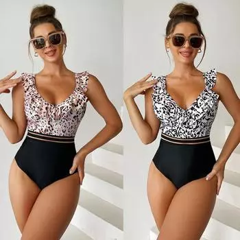 Европейский и американский модный принт, слитный купальник черного цвета с оборками и рюшами S розовый