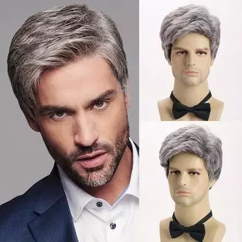 Европейский и американский мужской модный повседневный натуральный парик с боковой частью из синтетического волокна серебристо-серого цвета с короткими кудрявыми волосами