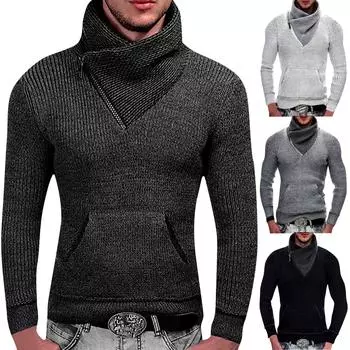 Европейский и американский мужской вязаный пуловер с капюшоном и тонким свитером на пуговицах M чёрный