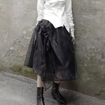 Европейский и американский нишевый дизайнер Женская асимметричная юбка из органзы и сетки в стиле тяжелой промышленности Юбка Юбка-подъюбник Деконструкция Мода Black M