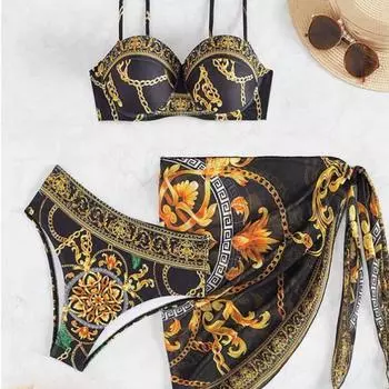 Европейский и американский новый цельный купальник с принтом на спине, женский бикини из трех частей S чёрный