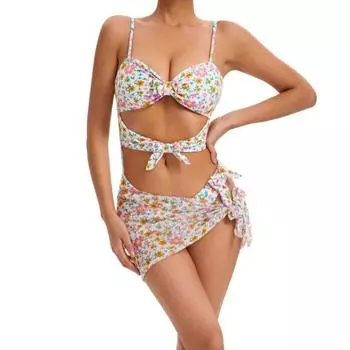 Европейский и американский новый цельный купальник на шнуровке обтягивающий маленький свежий цветочный треугольный пряжа праздничный костюм женский оптом S