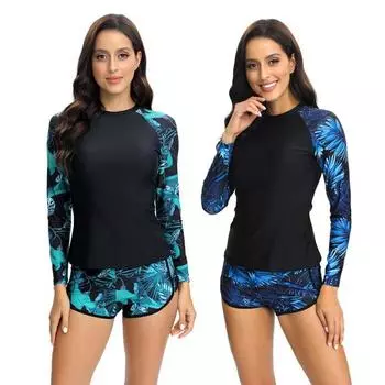 Европейский и американский новый длинный рукав принтованный облегающий консервативный костюм-боксер костюм для подводного плавания серфинг женский купальник S синий