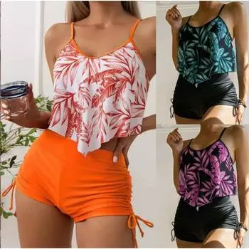 Европейский и американский новый купальник с принтом в виде разноцветных больших листьев лотоса, корсет, трусы-боксеры, бикини S оранжевый