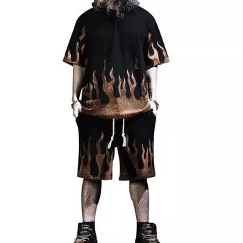 Европейский и американский новый летний мужской комплект с короткими рукавами с принтом серии Flame, спортивные шорты с короткими рукавами для отдыха, комплект S