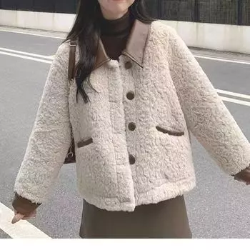 Европейский и американский новый маленький ароматный стиль шуба из ягненка с отворотом утолщенная зимняя короткая верхняя часть с хлопковой подкладкой для девочки S S size recommended 85-50.5 kg небесно-голубой