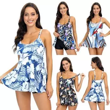 Европейский и американский новый женский танкини с многоцветной цифровой печатью, юбка, закрывающая живот и выглядящая стройной, независимые боксеры, купальник для женщин S