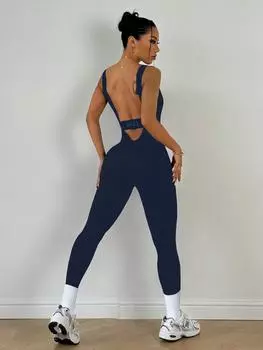 Европейский и американский облегающий комбинезон для йоги с открытой спиной для женщин - с вырезами, с эффектом подтяжки бедер, без нагрудных подушечек Large темно-синий