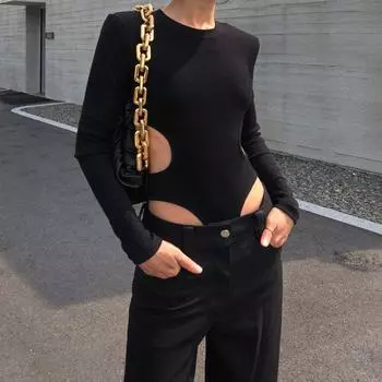 Европейский и американский облегающий универсальный комбинезон для пикантных девушек, сексуальный уличный тренд, утягивающий топ с круглым вырезом и длинными рукавами для женщин One Size синий