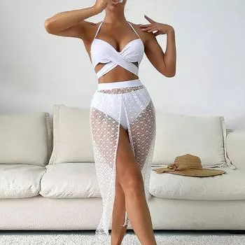 Европейский и американский однотонный бикини, сексуальная сетчатая юбка, купальник из трех частей, женский купальник-бикини S