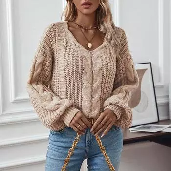 Европейский и американский однотонный свитер с косами для женщин, осень и зима, новый ретро-свободный вязаный свитер с рукавами-фонариками S