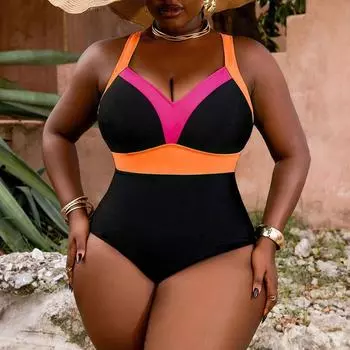 Европейский и американский однотонный темный купальник с V-образным вырезом, консервативный купальник, бикини 4XL 0XL