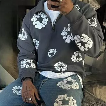 Европейский и американский осенне-зимний цветочный принт свободный уличный хип-хоп мужской и женский свитер с капюшоном S темно-серого
