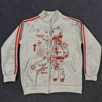 Европейский и американский осенне-зимний полосатый аниме-принт, ретро уличный тренд, толстовка на молнии с длинным рукавом S белый