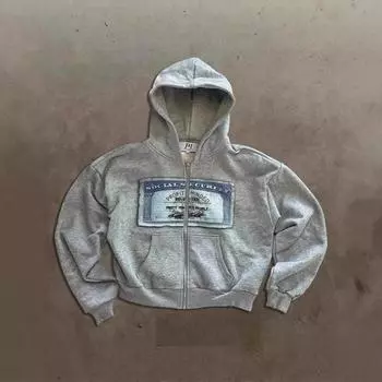 Европейский и американский осенне-зимний ретро тренд, модная повседневная свободная толстовка с капюшоном на молнии с принтом S серый