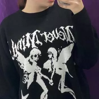 Европейский и американский осенне-зимний свободный свитер с круглым вырезом для мужчин и женщин M чёрный