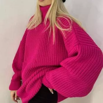 Европейский и американский осенне-зимний утолщенный свободный свитер с высоким воротом из шерсти больших размеров, повседневный однотонный свитер, женская одежда S розы красного