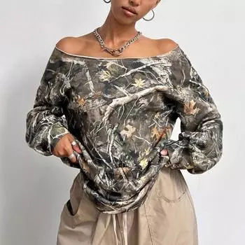 Европейский и американский осенний камуфляж с покатым воротником, свободный, с длинными рукавами, с принтом кленового листа, модный топ, женская одежда S зелёный