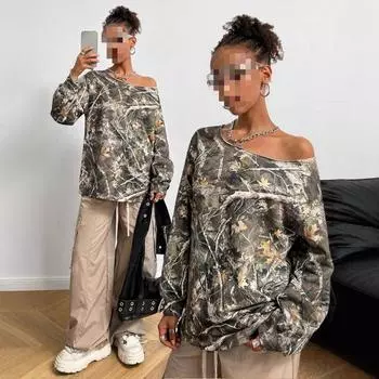 Европейский и американский осенний камуфляж с покатым воротником, свободный, с длинными рукавами, с принтом кленового листа, модный топ, женская одежда S зелёный