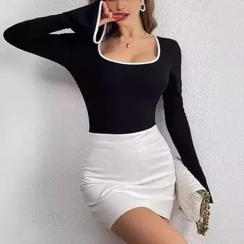 Европейский и американский осенний квадратный вырез, однотонный, сращивающийся, облегающий, расклешенные манжеты, сексуальный комбинезон S чёрный