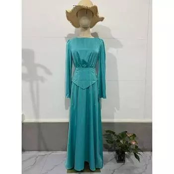 Европейский и американский осенний новый стиль ремешок инкрустированный бриллиантами талия утягивающее платье с роговыми рукавами большой стиль знаменитости S озеро синий