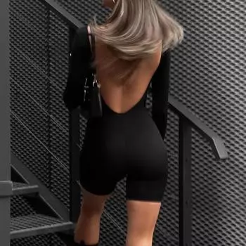 Европейский и американский осенний однотонный облегающий комбинезон с круглым вырезом и длинными рукавами, открытой спиной, для темпераментной пикантной девушки S чёрный