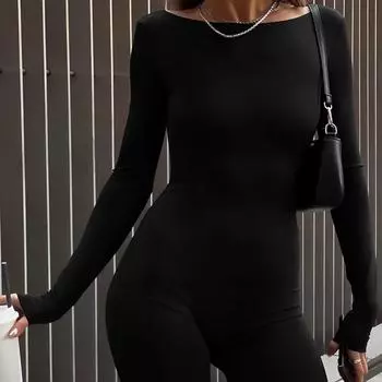 Европейский и американский осенний однотонный облегающий комбинезон с круглым вырезом и длинными рукавами, открытой спиной, для темпераментной пикантной девушки S чёрный