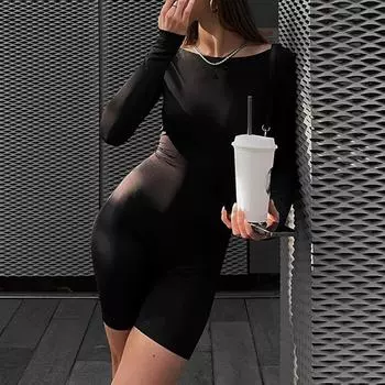 Европейский и американский осенний однотонный облегающий комбинезон с круглым вырезом и длинными рукавами, открытой спиной, для темпераментной пикантной девушки S чёрный