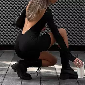 Европейский и американский осенний однотонный облегающий комбинезон с круглым вырезом и длинными рукавами, открытой спиной, для темпераментной пикантной девушки S чёрный