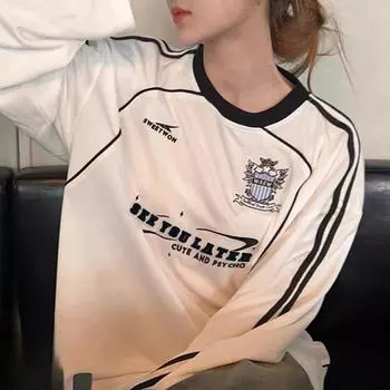 Европейский и американский осенний свободный женский повседневный топ с круглым вырезом и буквенным принтом S белый