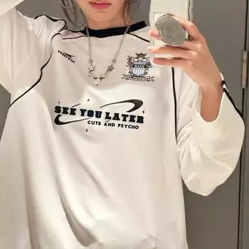 Европейский и американский осенний свободный женский повседневный топ с круглым вырезом и буквенным принтом S белый