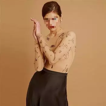 Европейский и американский осенний женский модный сетчатый полупрозрачный облегающий комбинезон с длинными рукавами S хаки