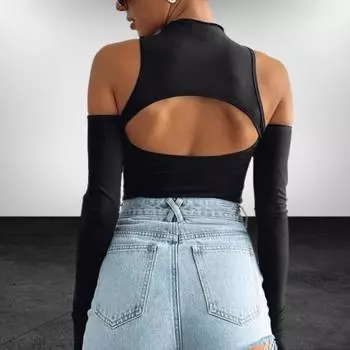 Европейский и американский осенний женский пикантный комбинезон для похудения с полувысоким воротником, длинными рукавами и открытой спиной S чёрный