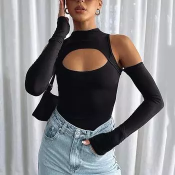 Европейский и американский осенний женский пикантный комбинезон для похудения с полувысоким воротником, длинными рукавами и открытой спиной S чёрный
