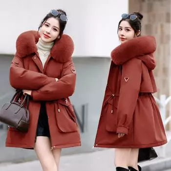 Европейский и американский пирог побеждает женскую одежду высокого класса с хлопковой подкладкой, новый модный пирог с утолщенным большим меховым воротником побеждает волну пальто M белый