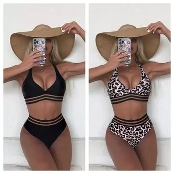 Европейский и американский полый бикини женский разделенный купальник с леопардовым принтом сексуальный купальник с высокой талией S