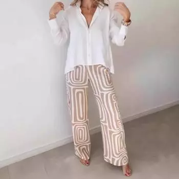Европейский и американский повседневный костюм женский цифровой рубашка свободные брюки комплект из двух предметов S
