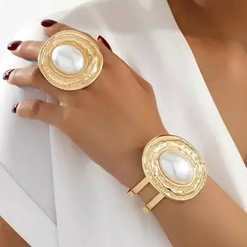 Европейский и американский преувеличенный индивидуальный модный комплект из серег и браслета золотой