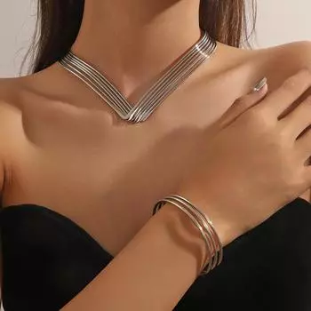 Европейский и американский преувеличенный витой геометрический комплект из ожерелья и браслета золотой